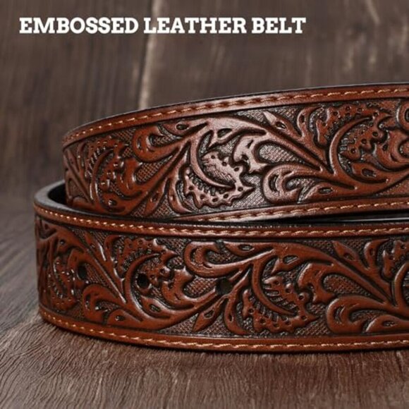 Western Cowboy Leather Belt with Bull Buckle for Jeans Size 30-44